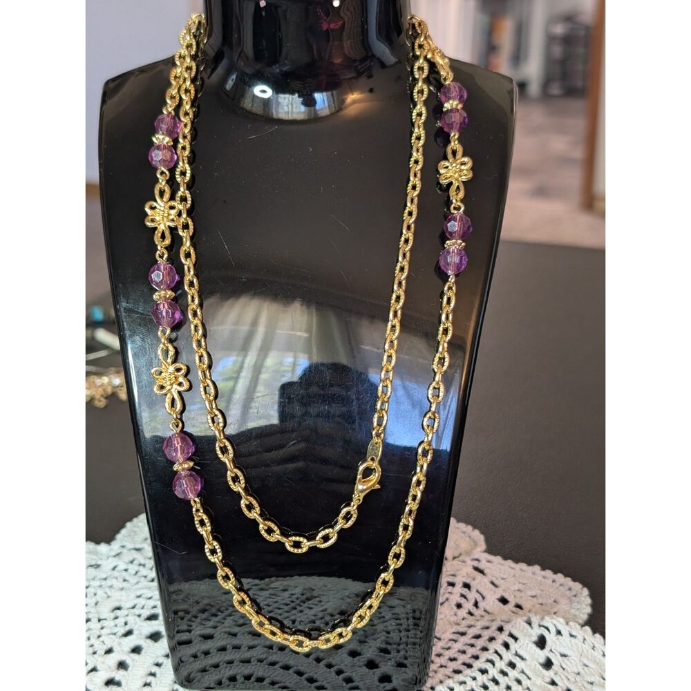 VTG Avon Gold Tone Purple Beaded Flower Station Opera Necklace 36"